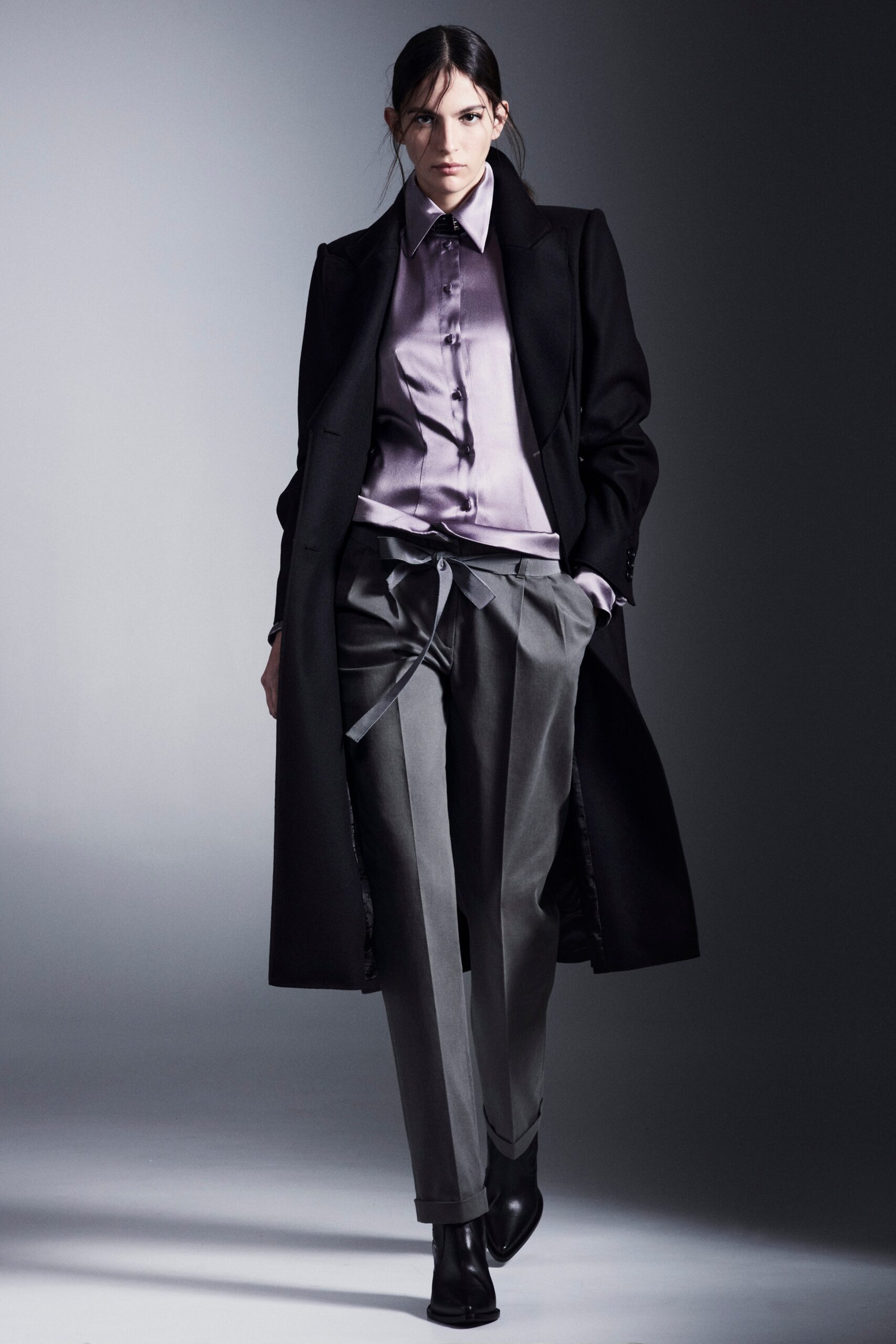 black wool coat with purple shirt
