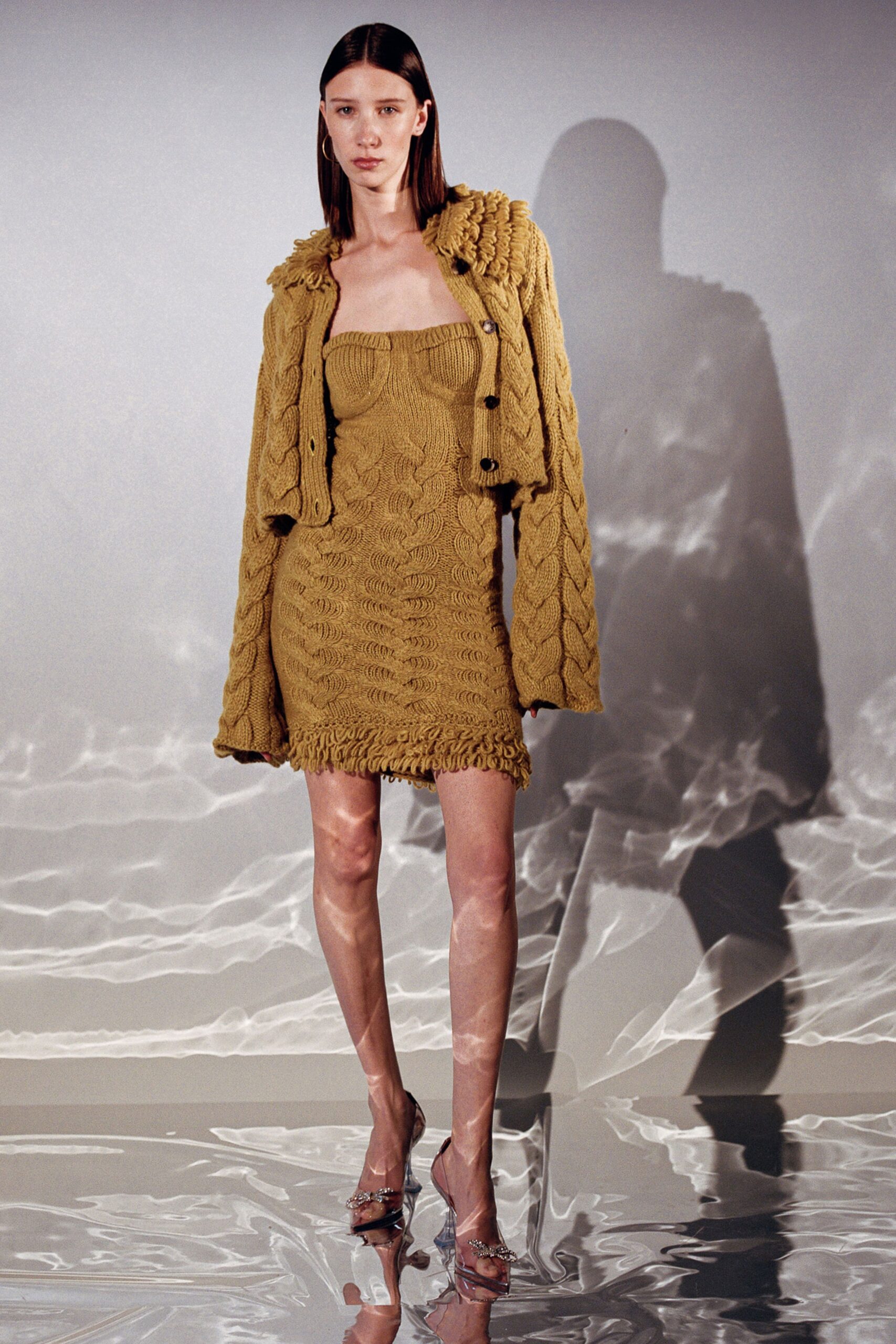 yellow knitted mini dress and jacket