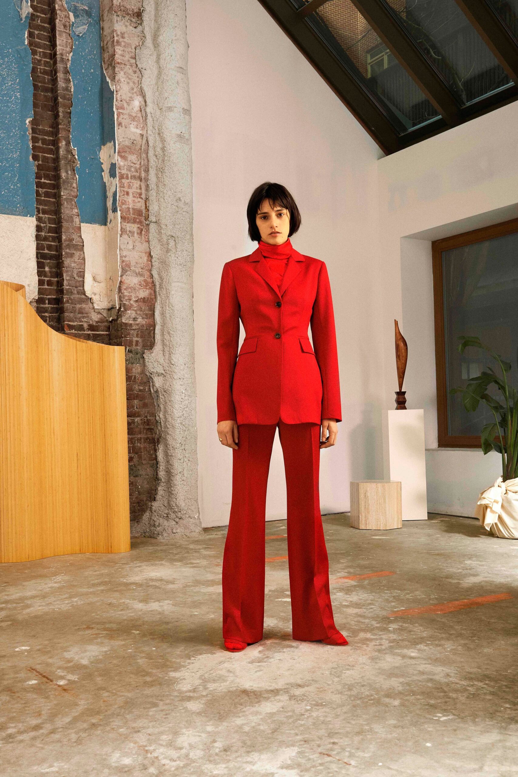 red tailored suit