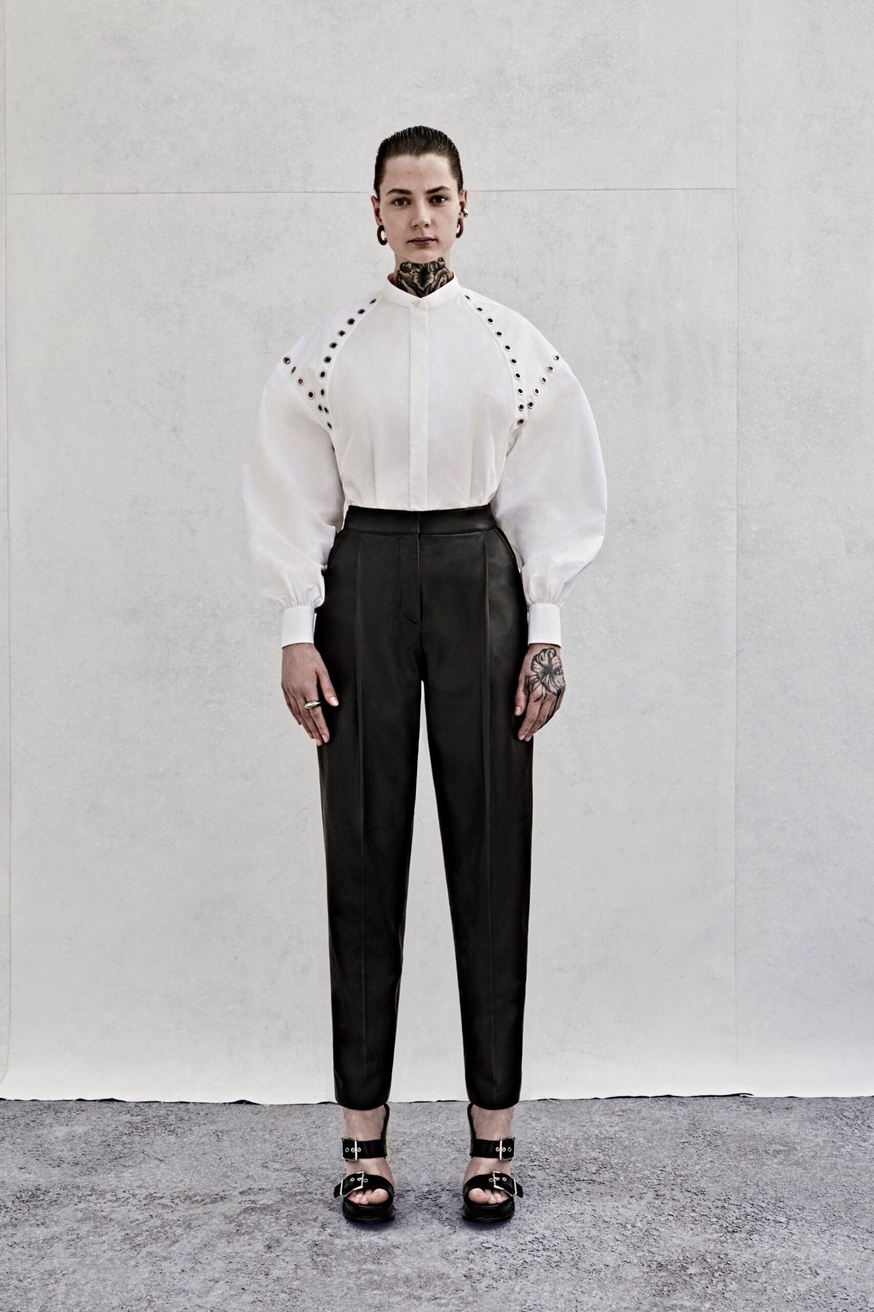 black leather tailored straight-leg pants