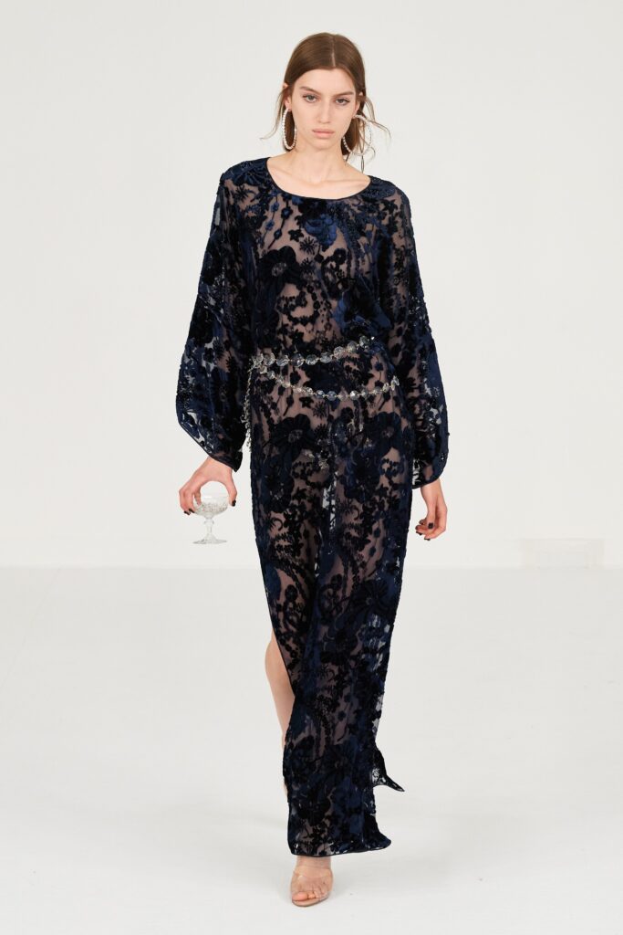 black blue sheer embroidered gown