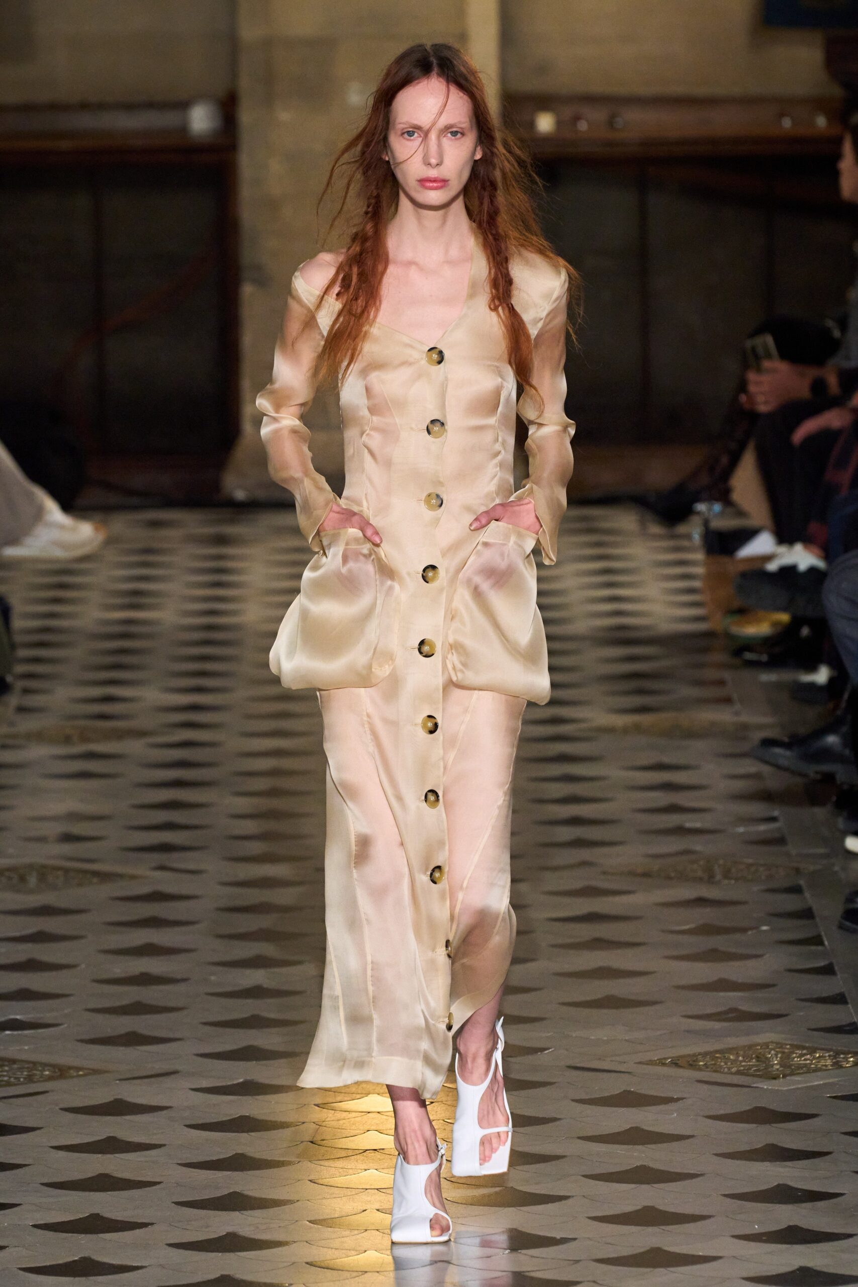 beige silk fitted dress