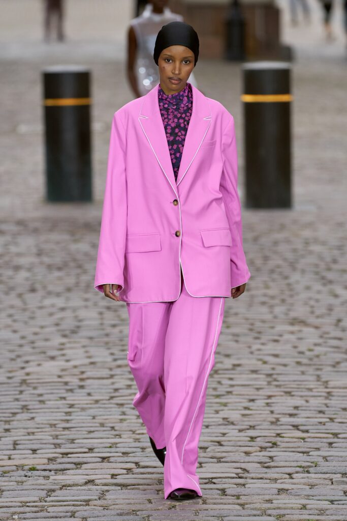 pink tailored blazer and pants
