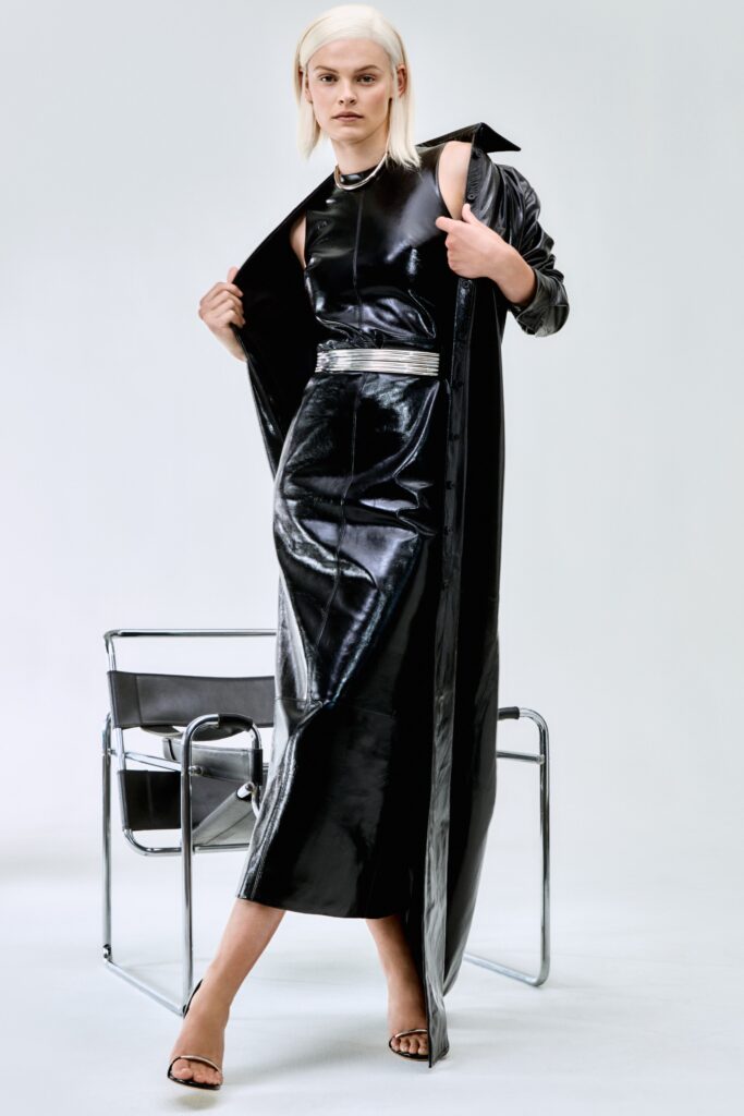black leather fitted dress and coat