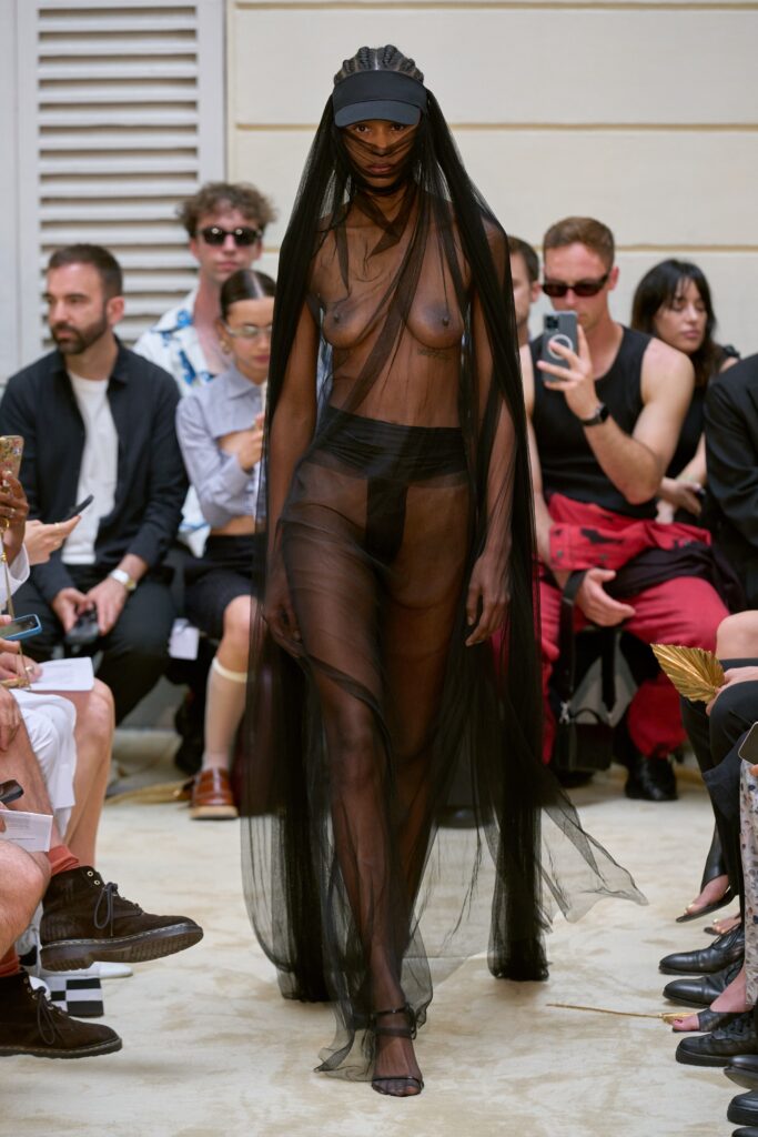 A fitted black sheer dress with a V-neckline and layered design.