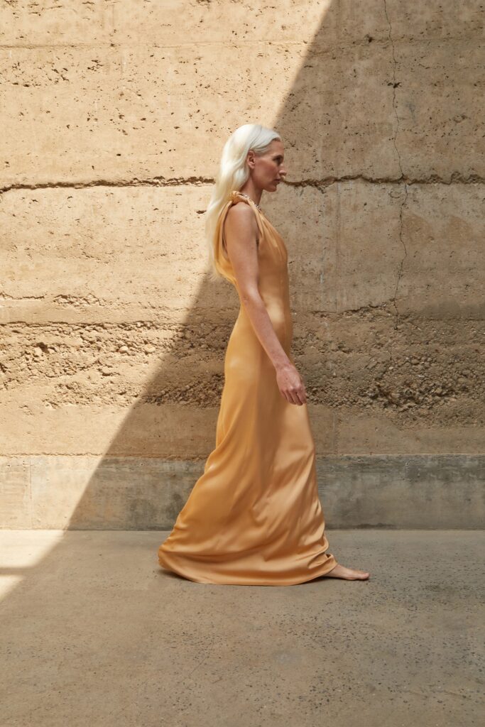 gold silk sleeveless dress