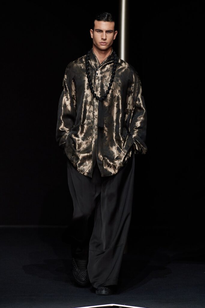 black and brown silk shirt with relaxed pants