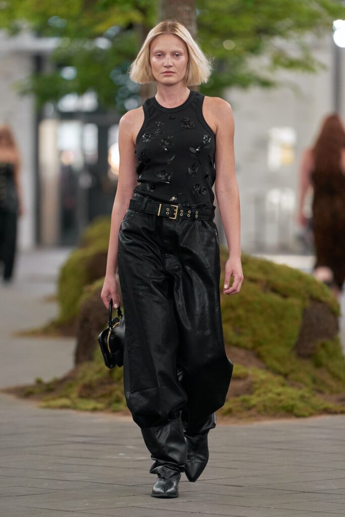 black fitted top with relaxed pants