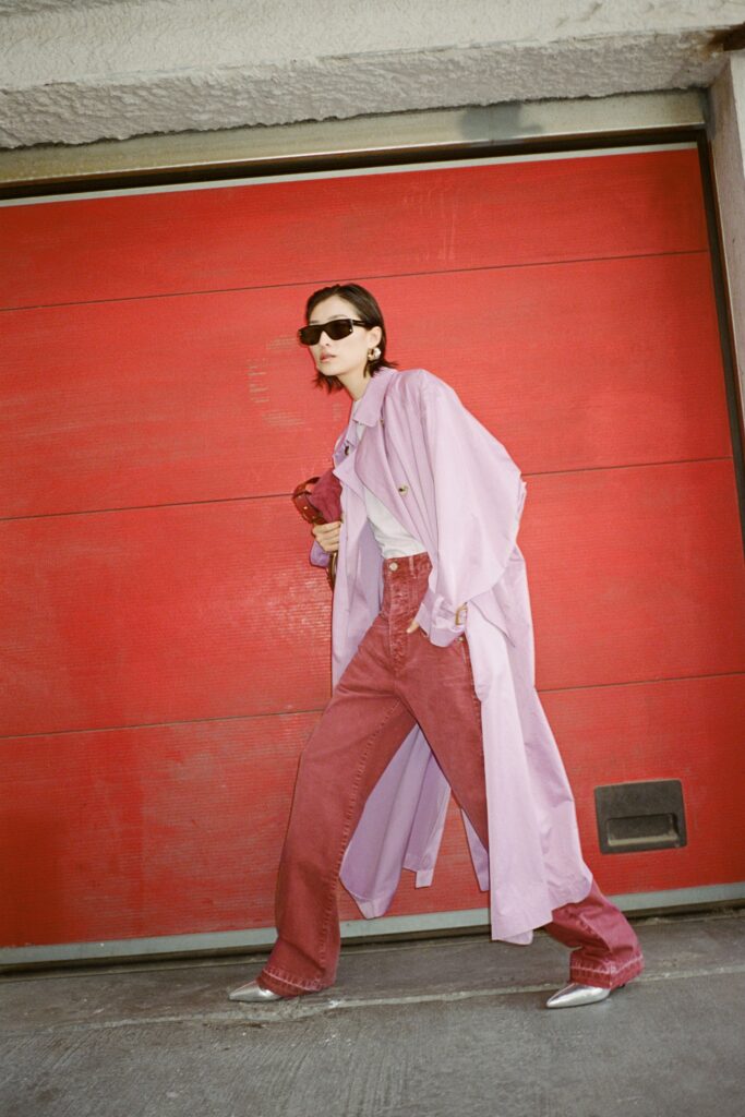 purple coat with red pants