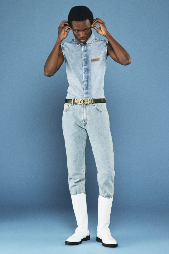 blue denim sleeveless shirt and pants