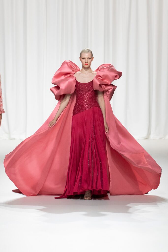 pink silk gown with cape