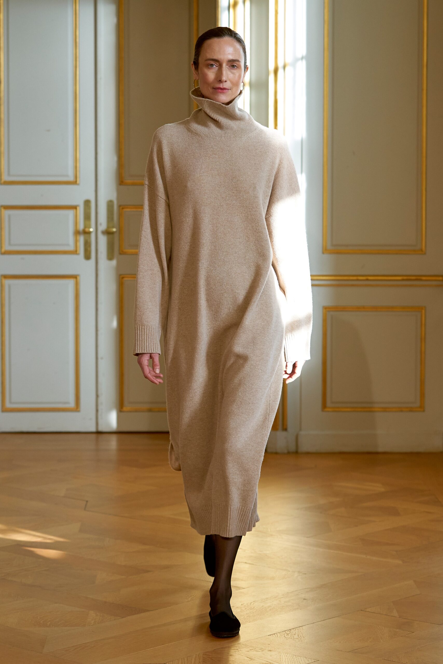 beige wool relaxed turtleneck dress