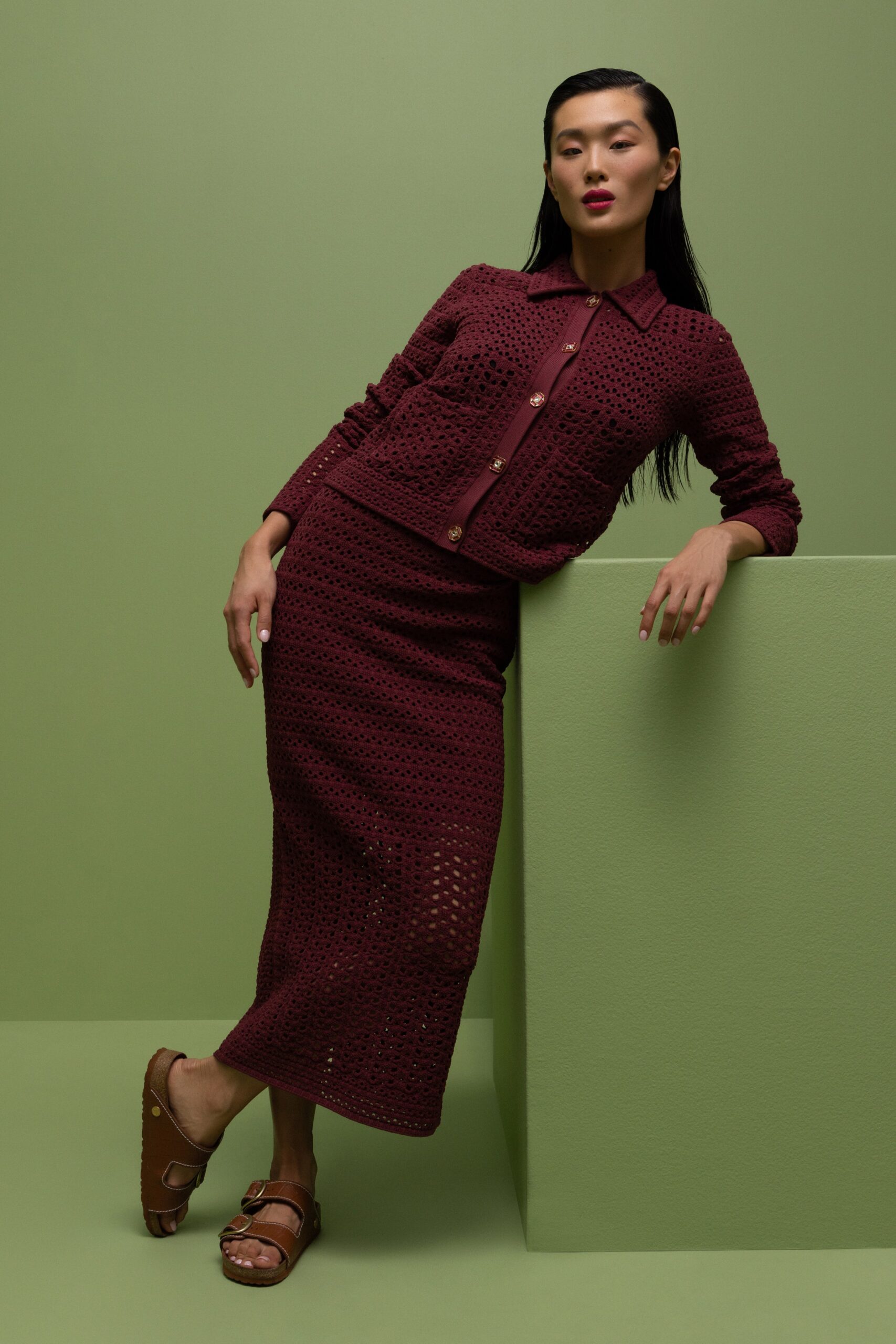 maroon crochet top and skirt