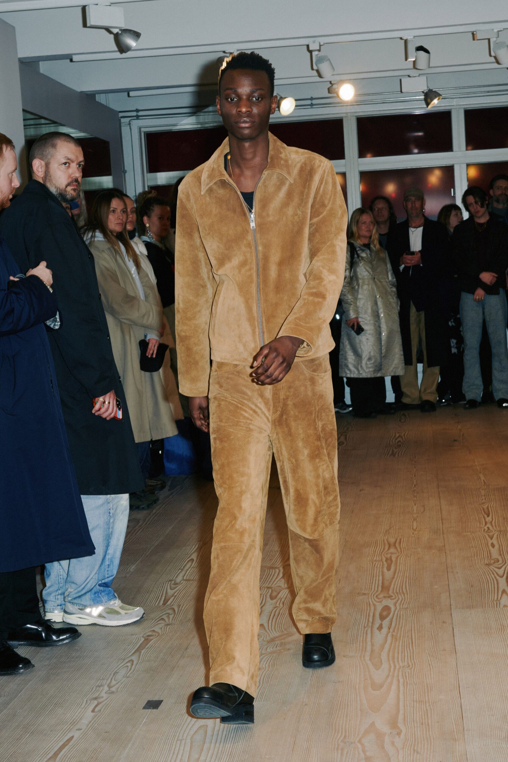 brown suede fitted jacket and pants