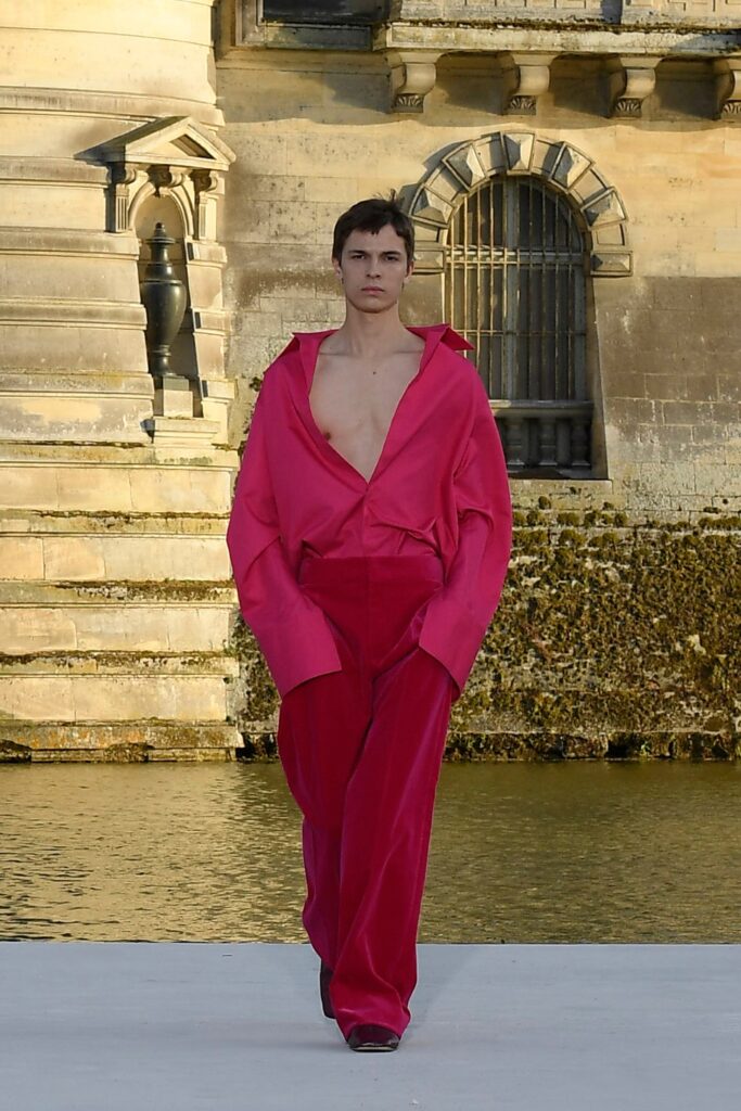 pink oversized shirt and red pants