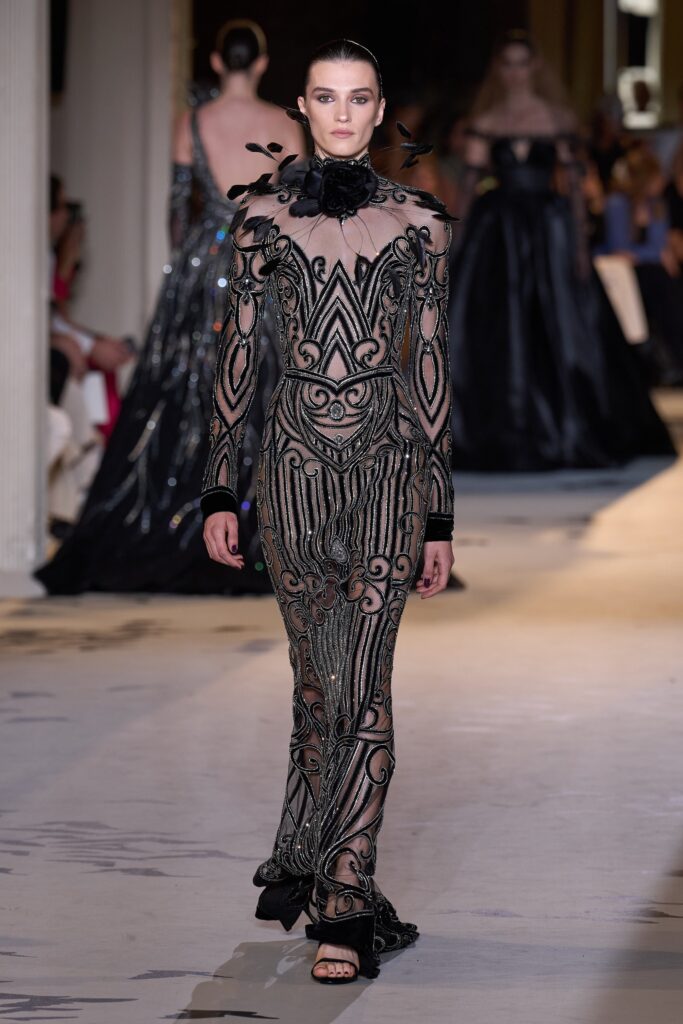 A fitted black lace dress with long sleeves and a high neckline, featuring intricate embroidery.
