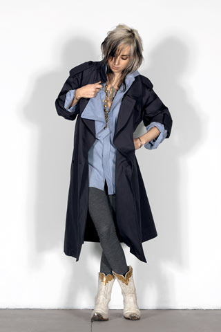 black coat with blue shirt