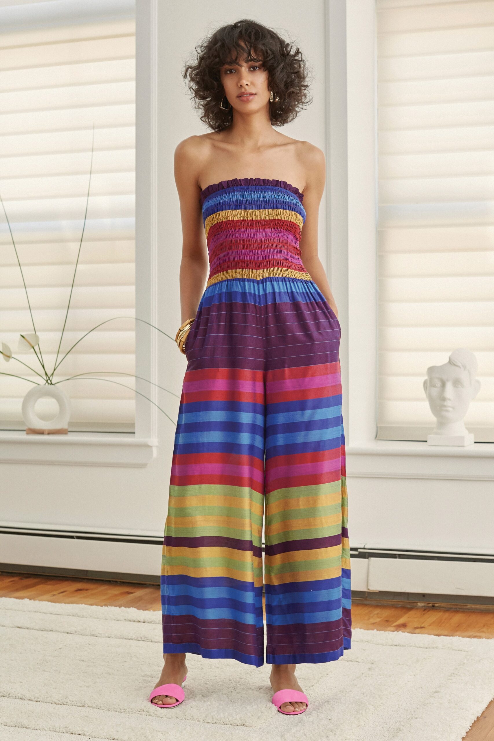 multi-colored strapless jumpsuit