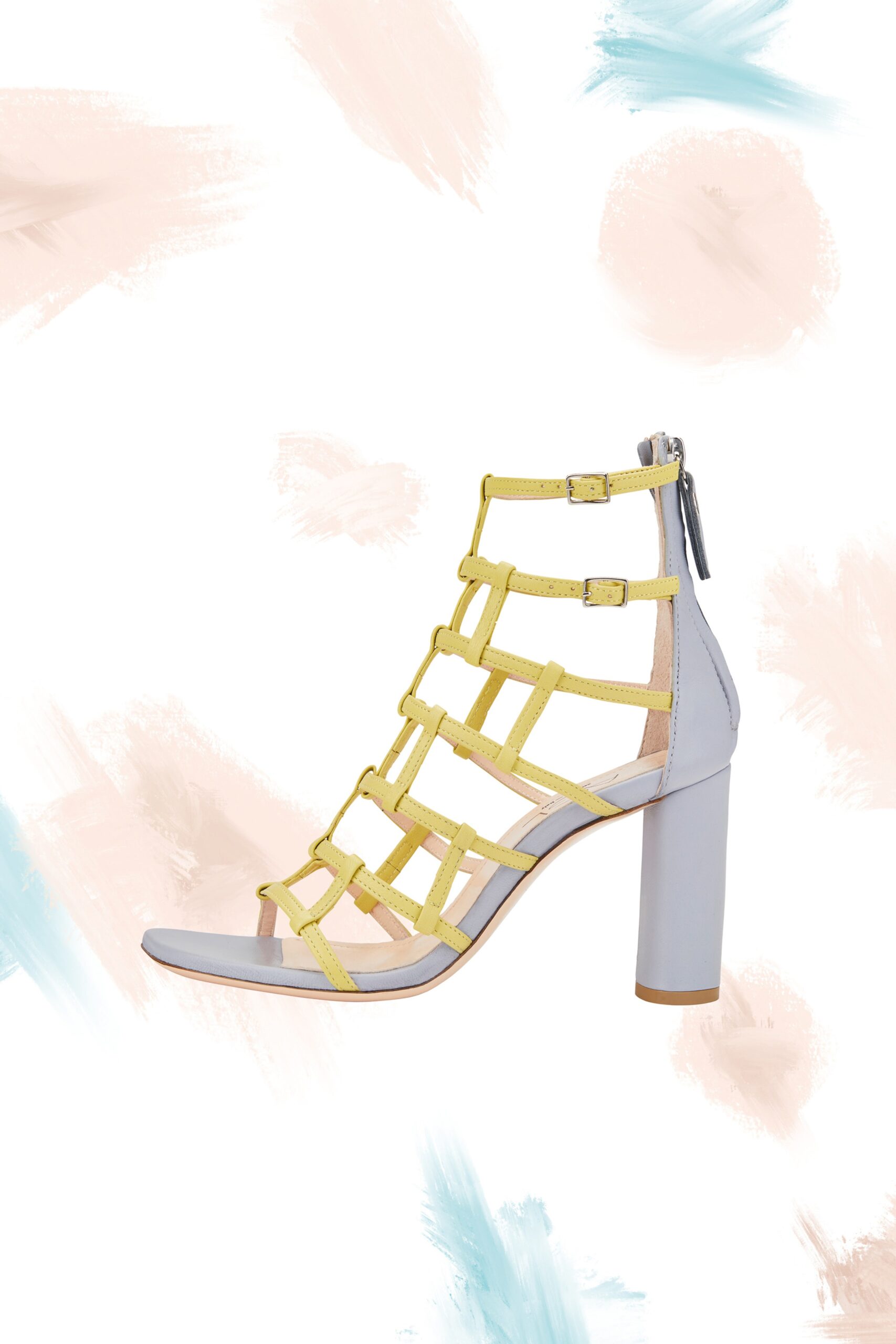 gray and yellow heeled shoes