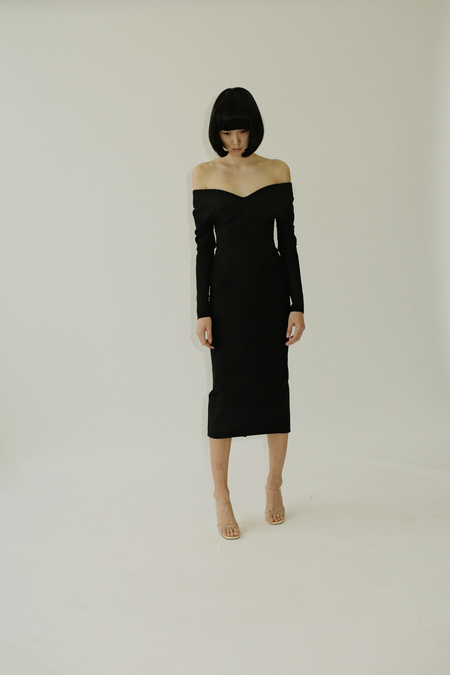 black silk off-shoulder dress