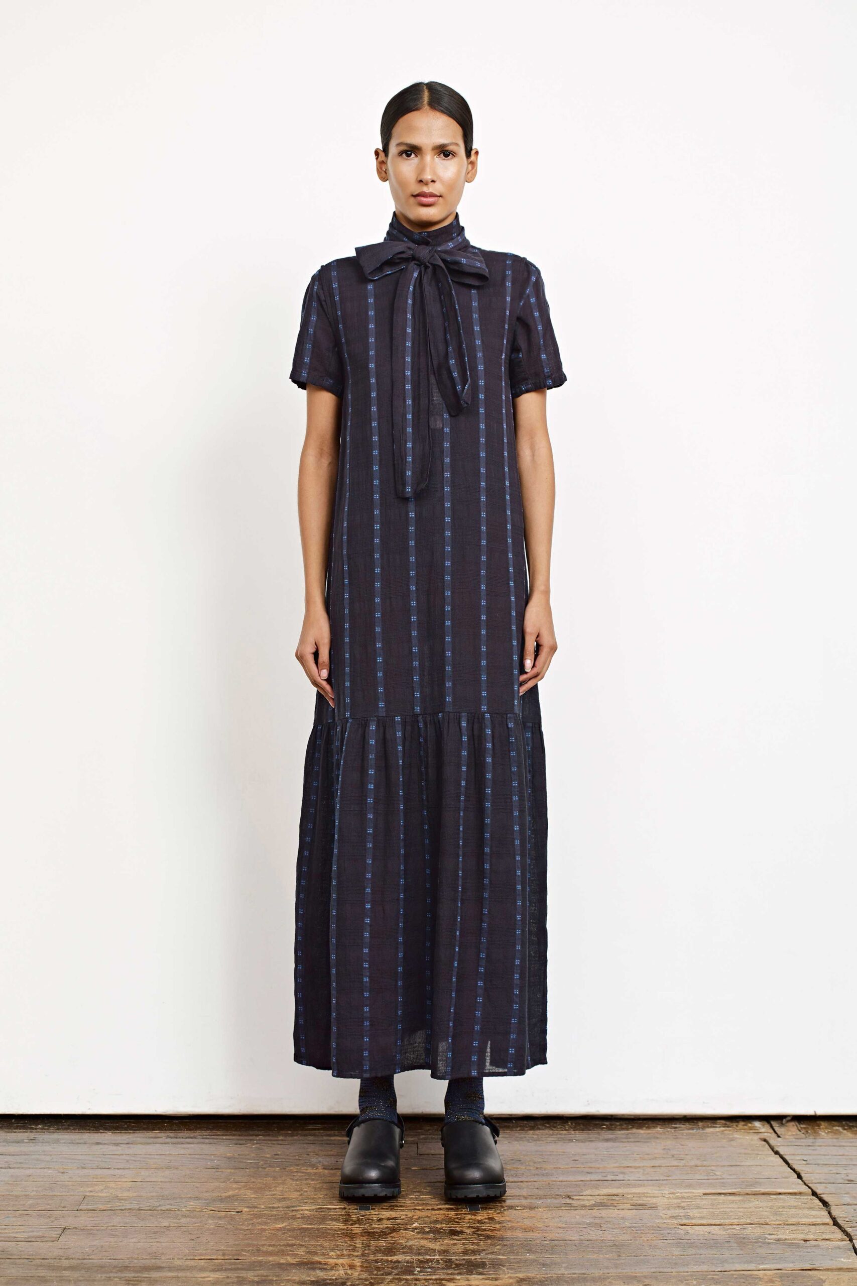 black and blue striped maxi dress