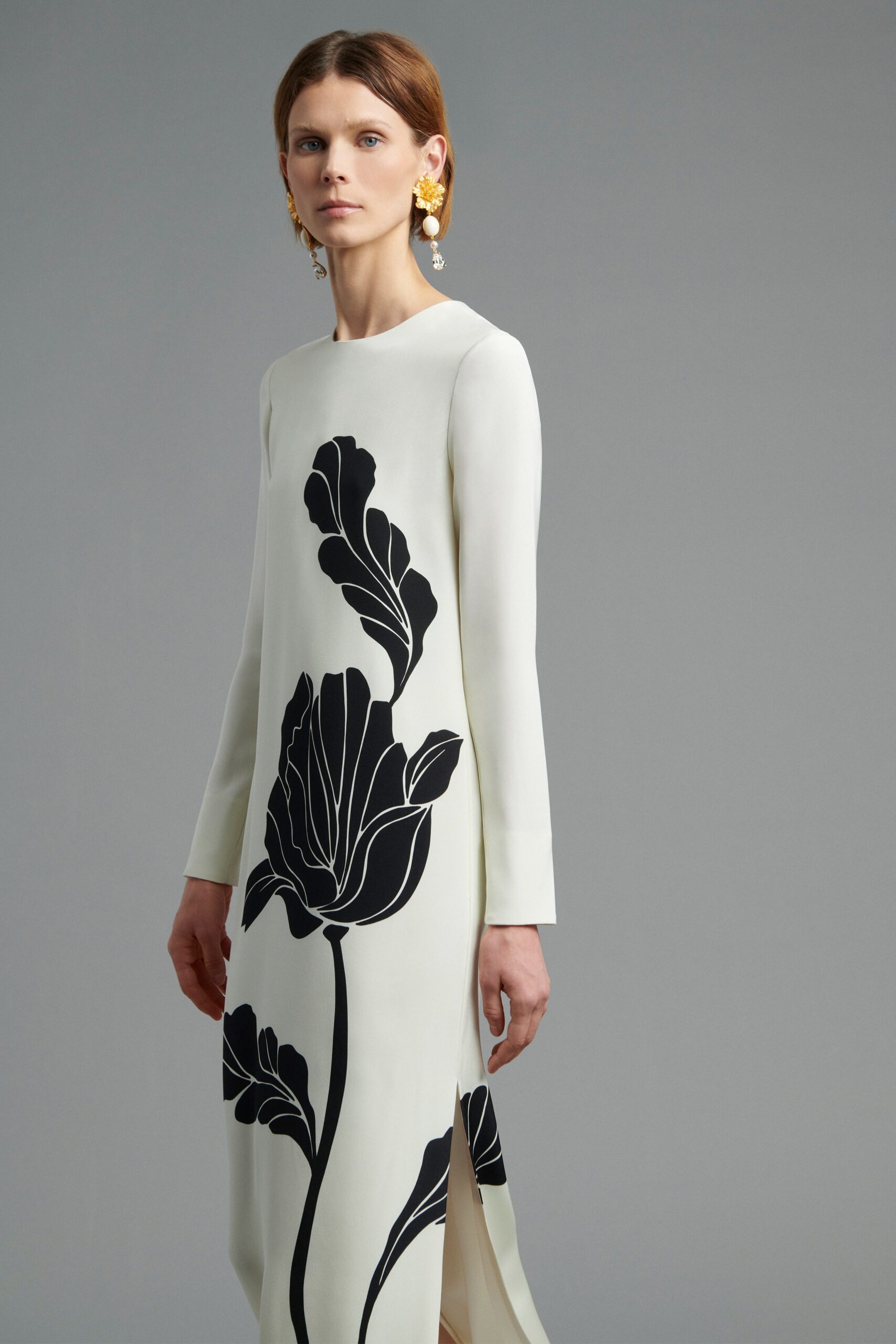 white and black printed midi dress