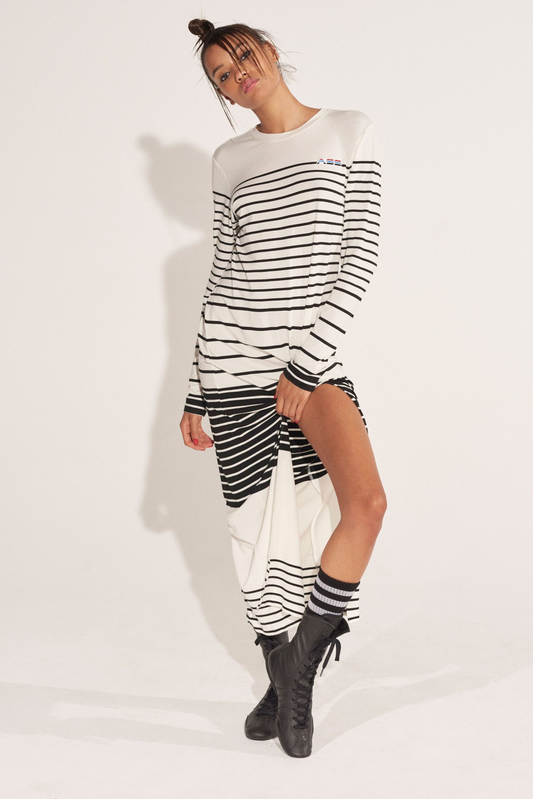 striped midi dress with black boots