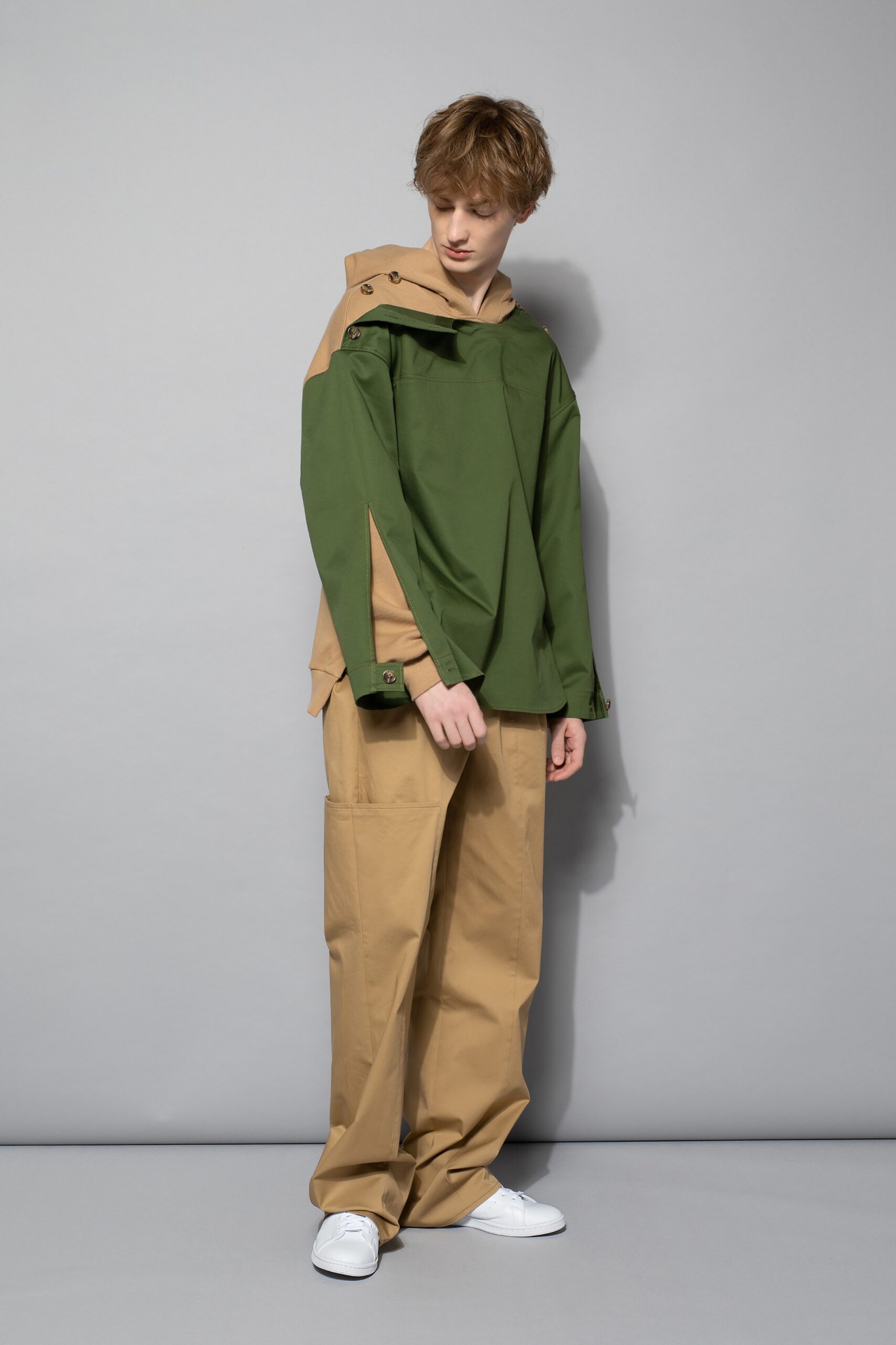 green cotton hooded asymmetric relaxed jacket