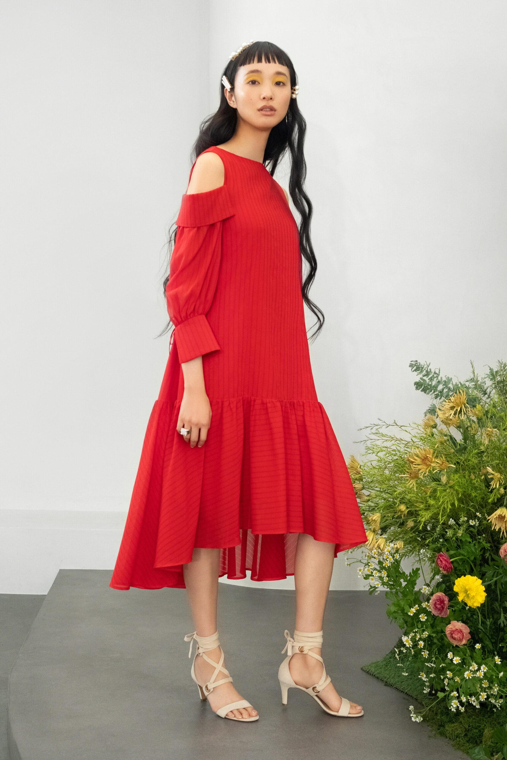 red pleated midi dress