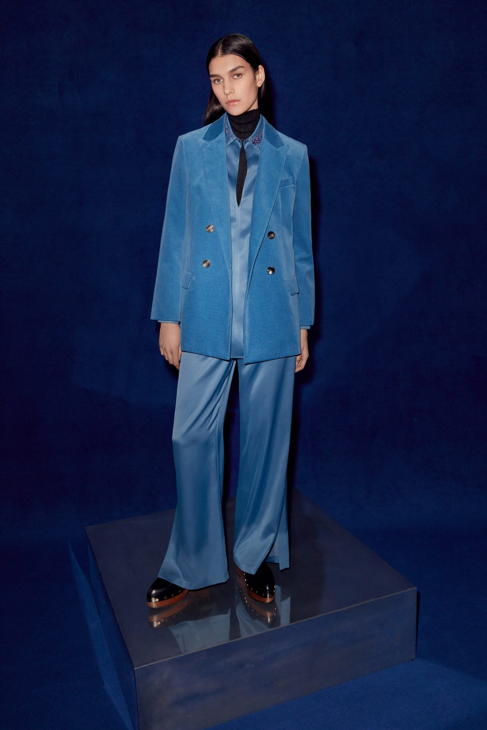 blue velvet tailored blazer and satin pants