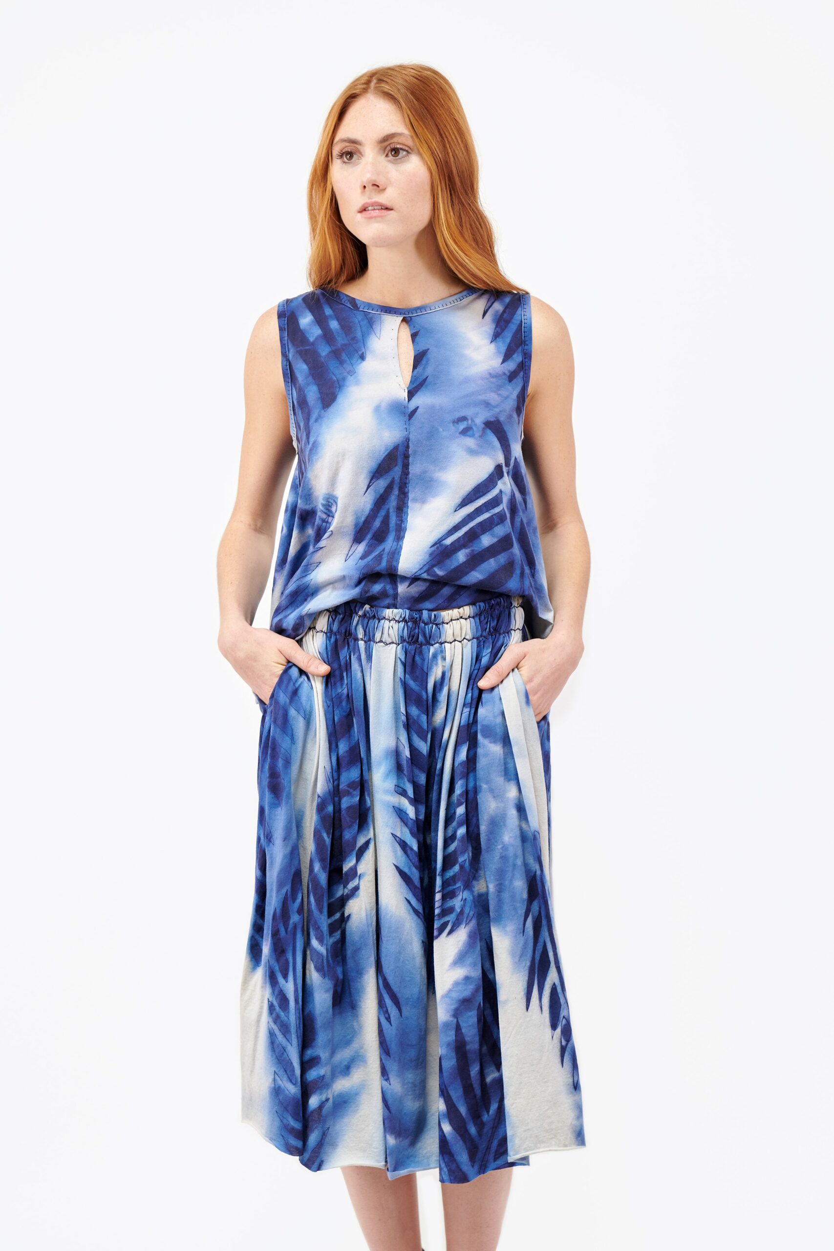 blue and white printed top and midi skirt