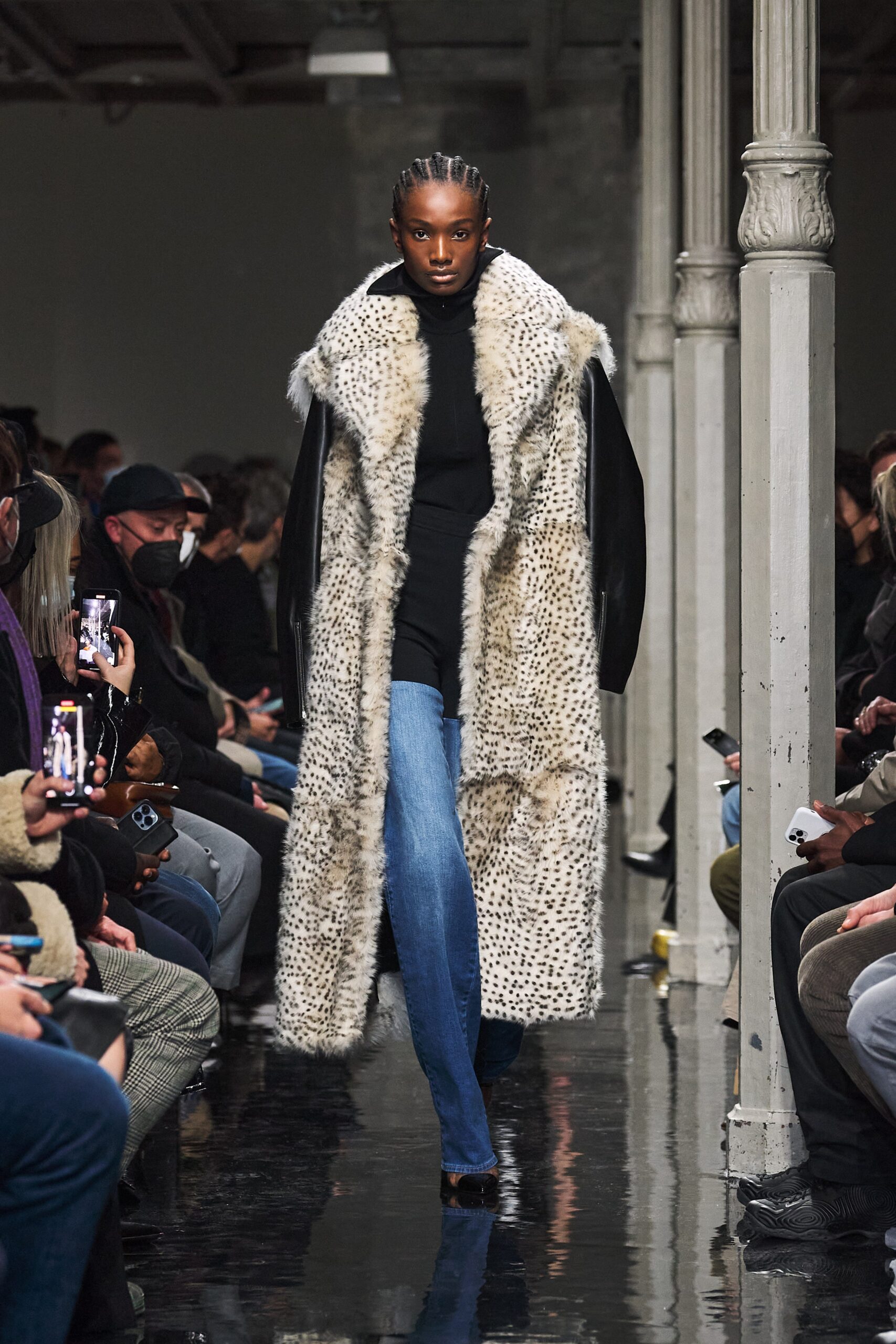 black fur coat with jeans