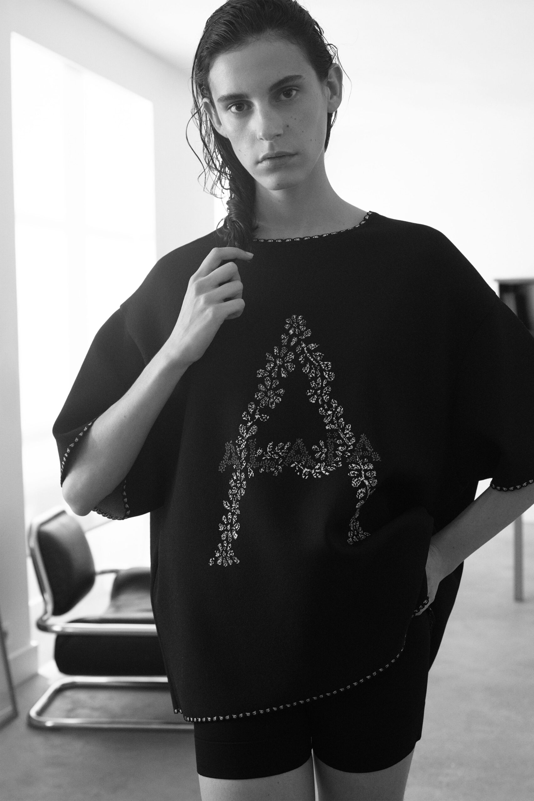 black embroidered top with shorts