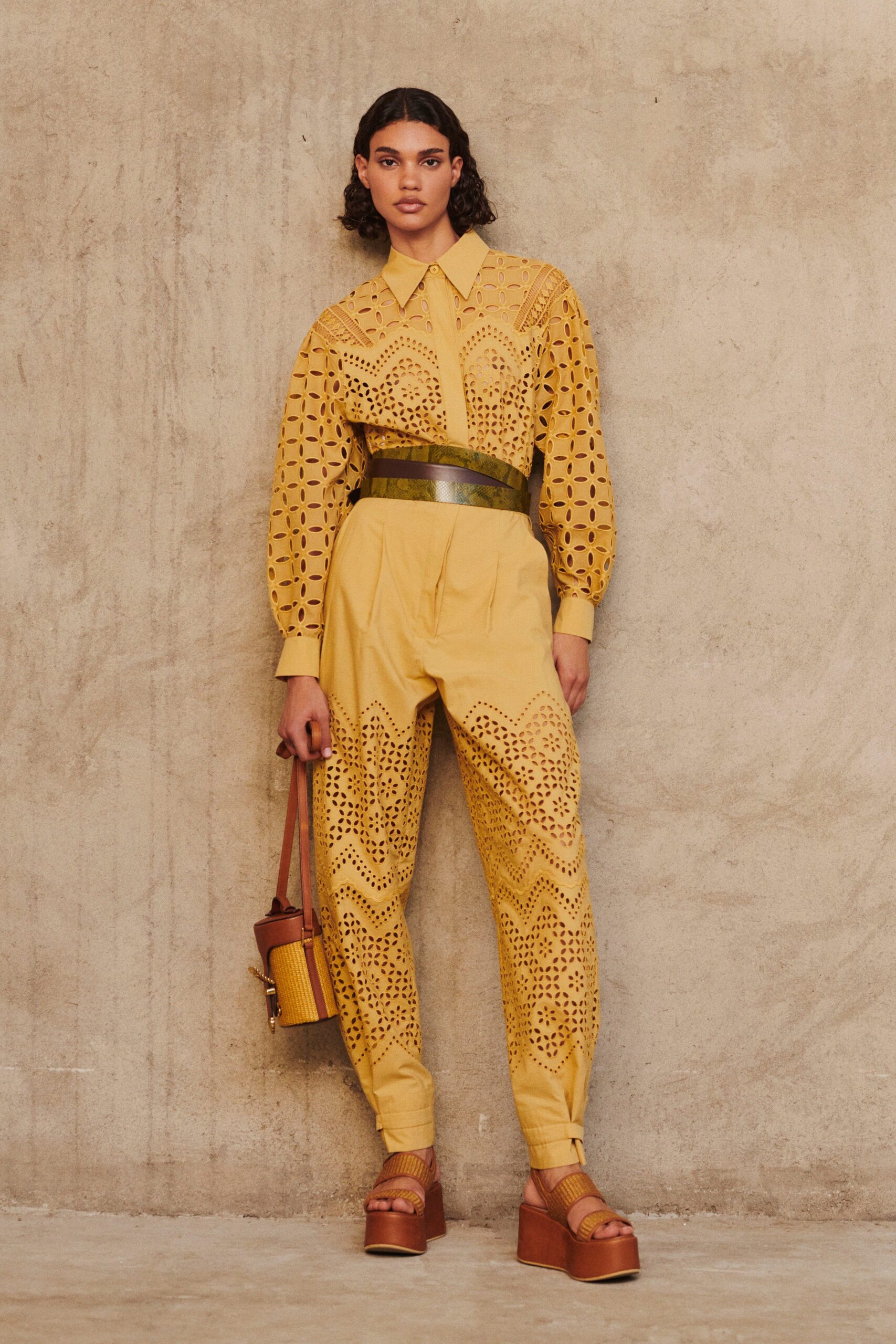 yellow embroidered shirt and pants