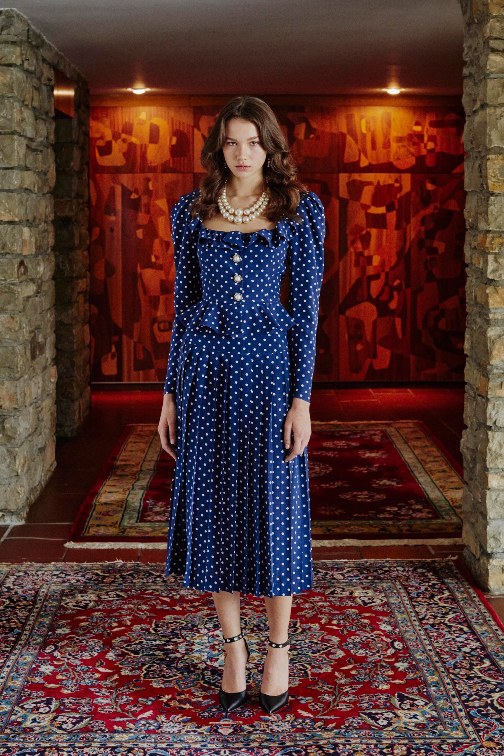 blue polka-dot midi dress