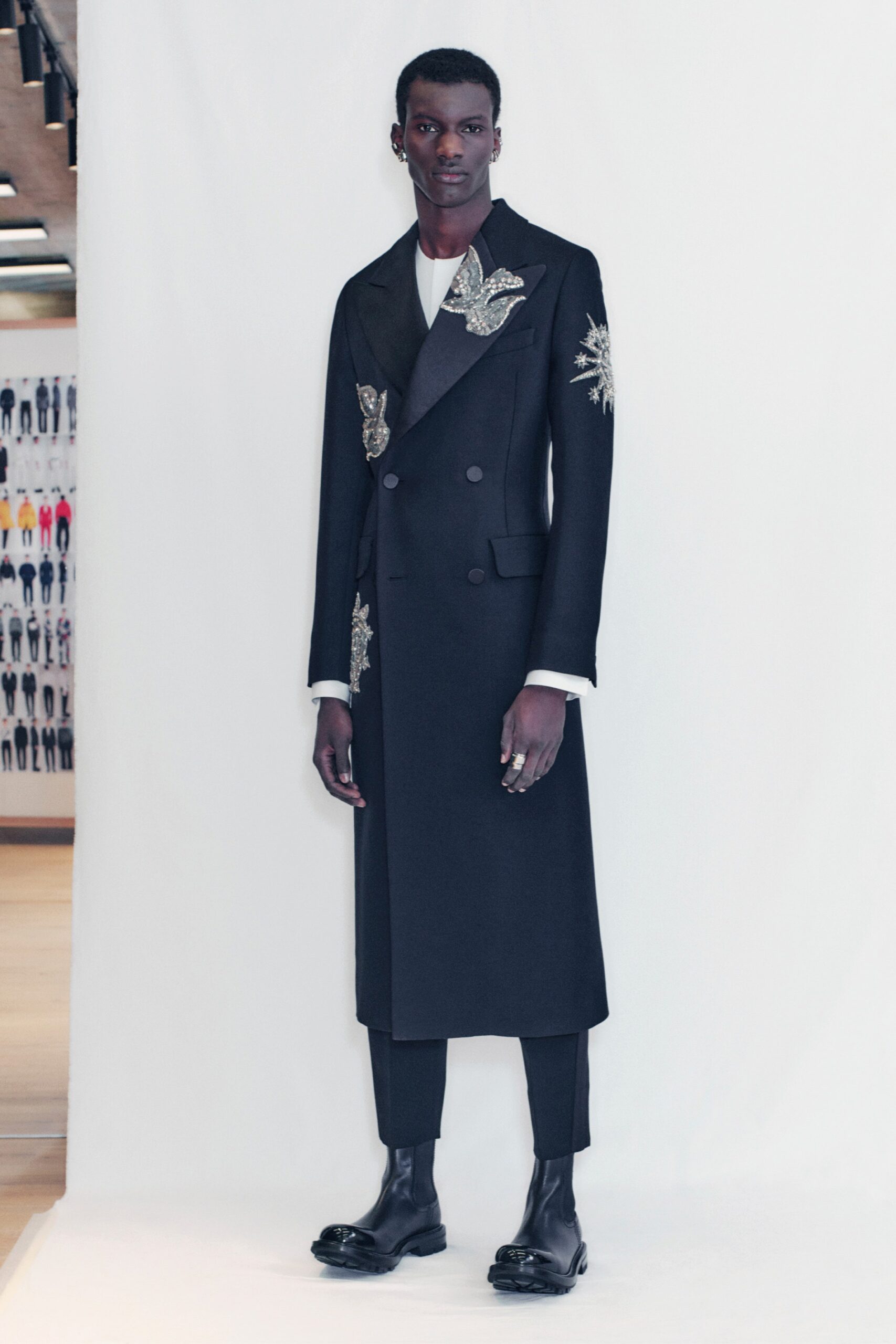 black tailored coat with embroidery