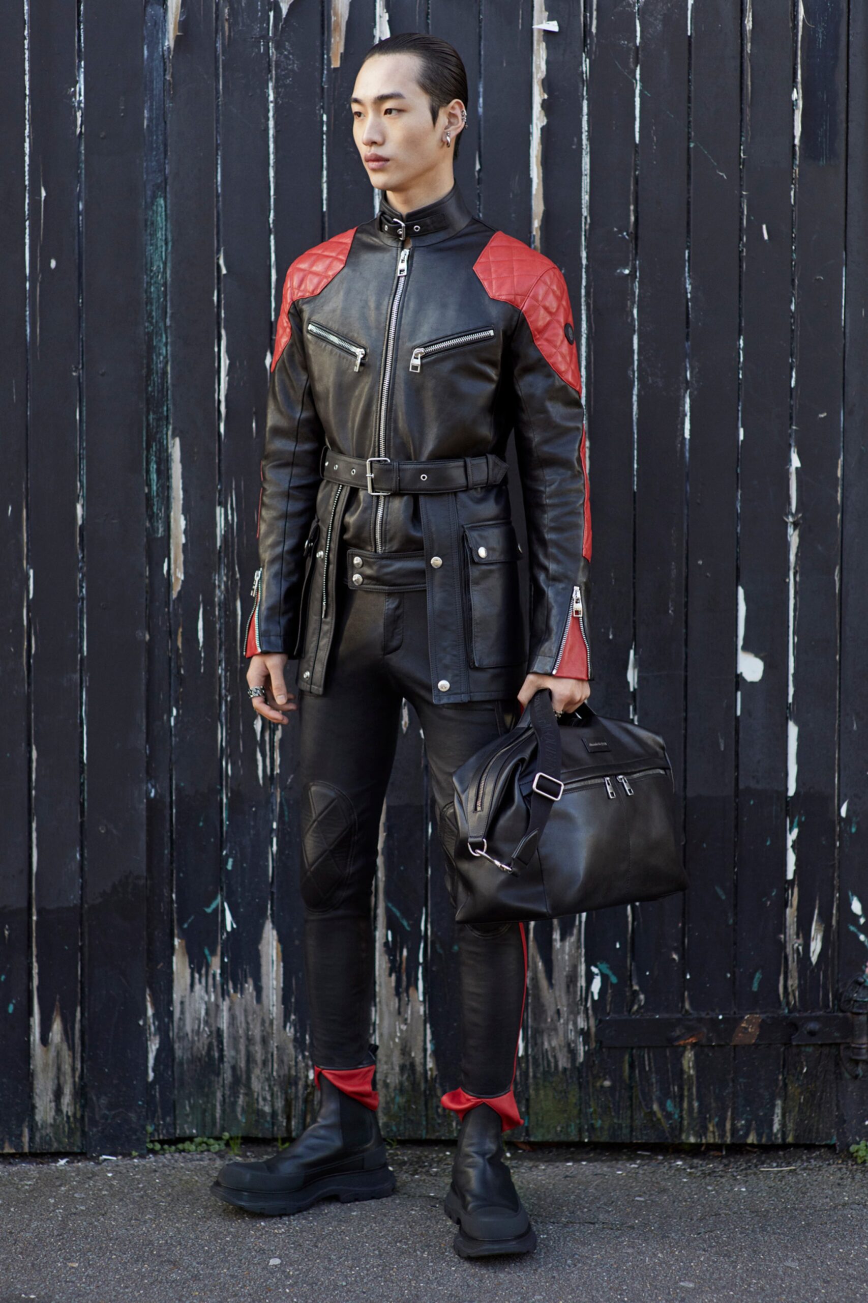 black and red leather jacket and pants