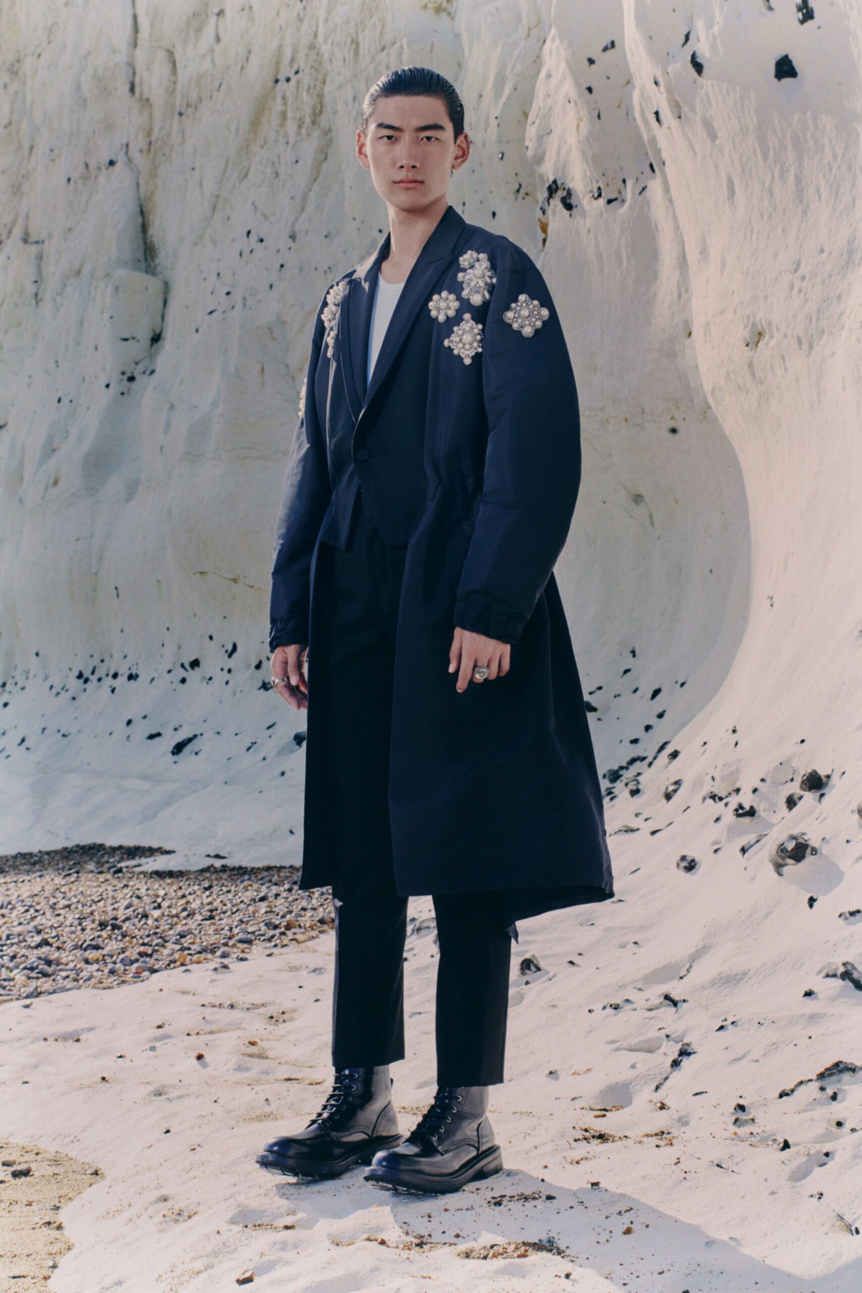 black embroidered coat and suit
