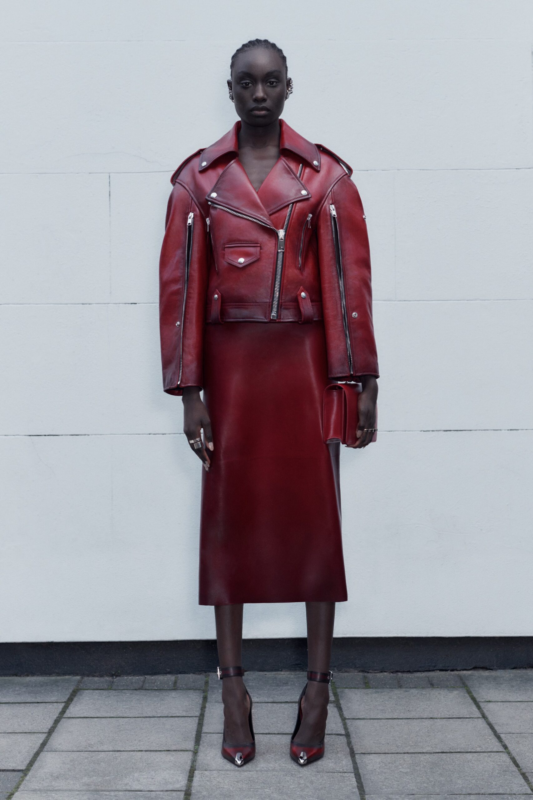 red leather jacket and skirt