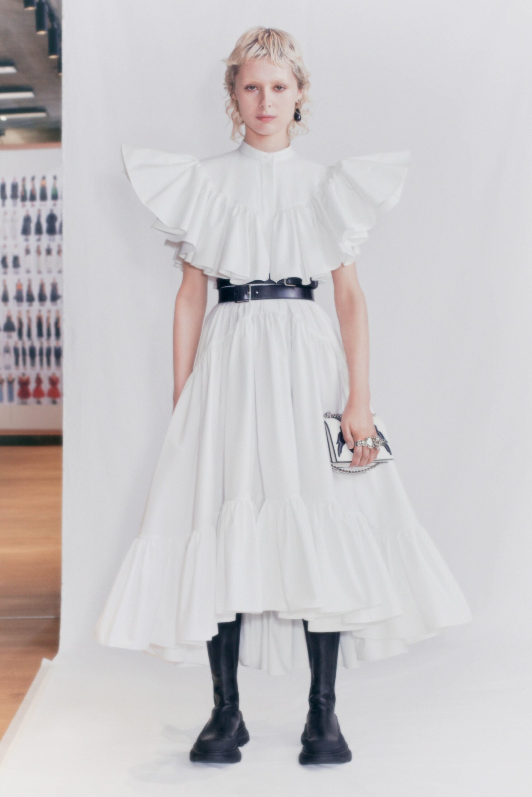 white cotton short-sleeve high-neck relaxed ruffled tiered dress