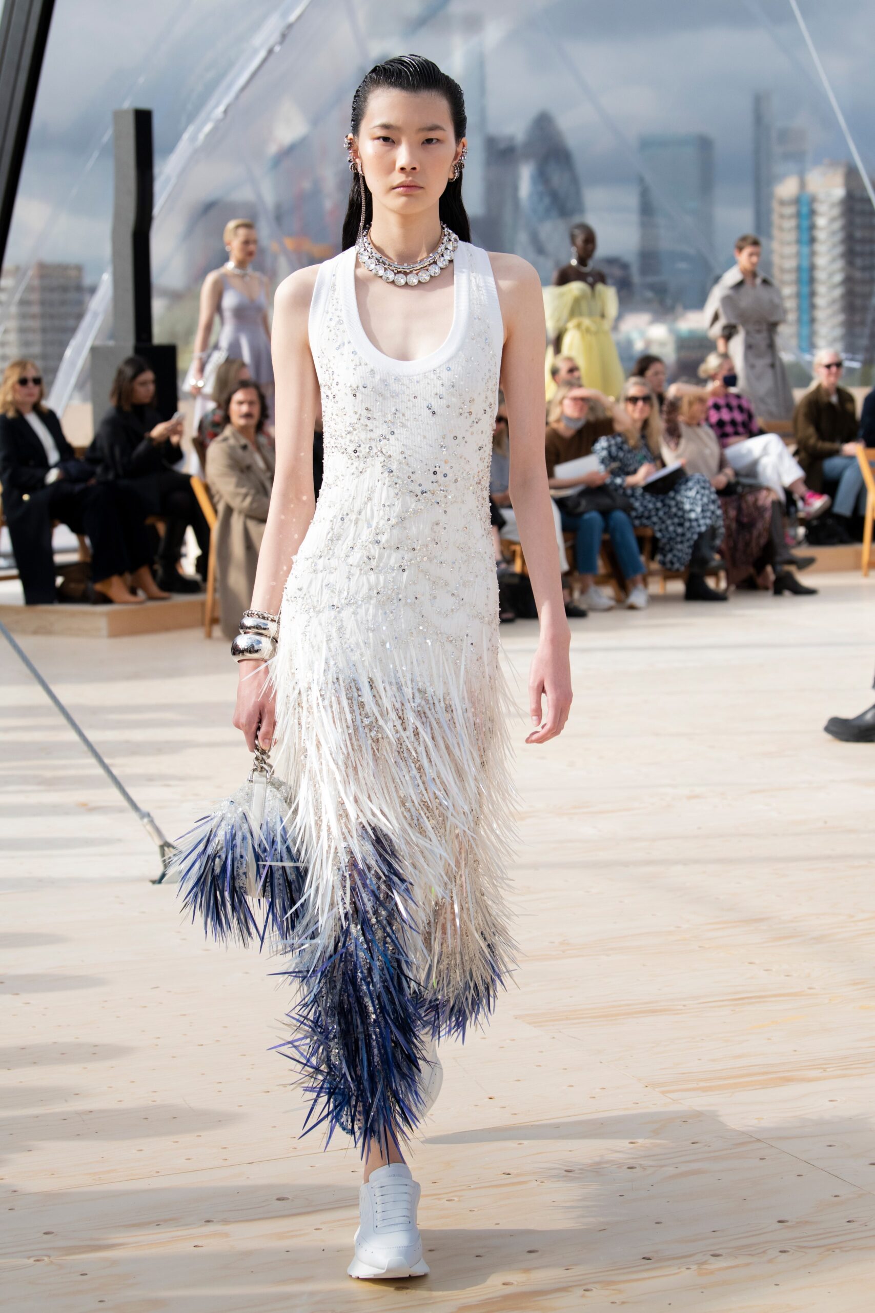 white and blue fringed dress