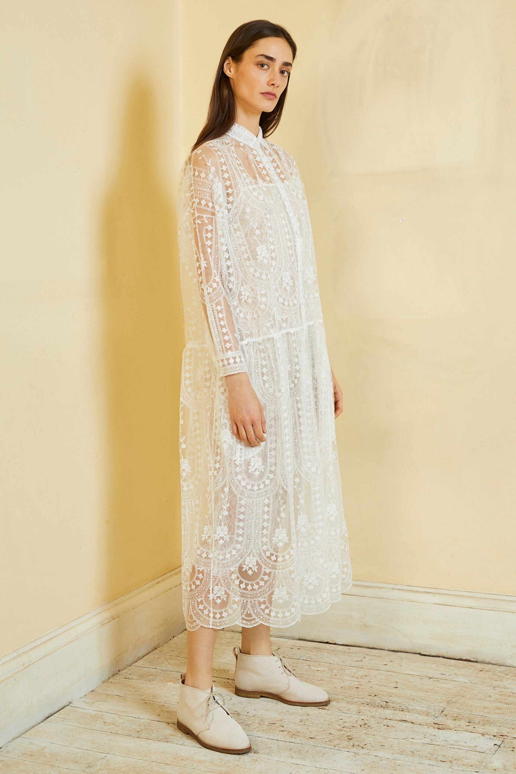white lace embroidered midi dress