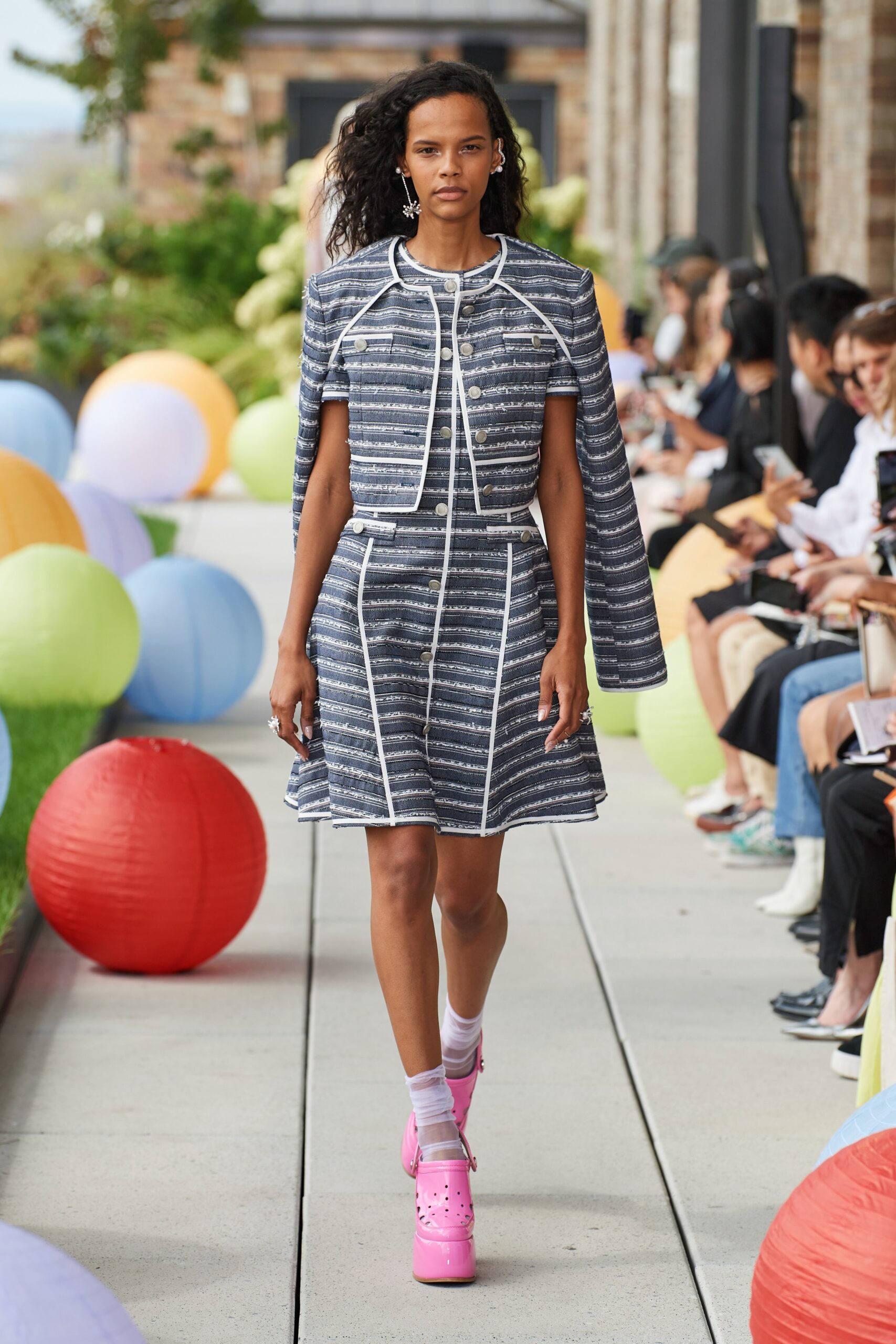 blue and white mini dress with cape