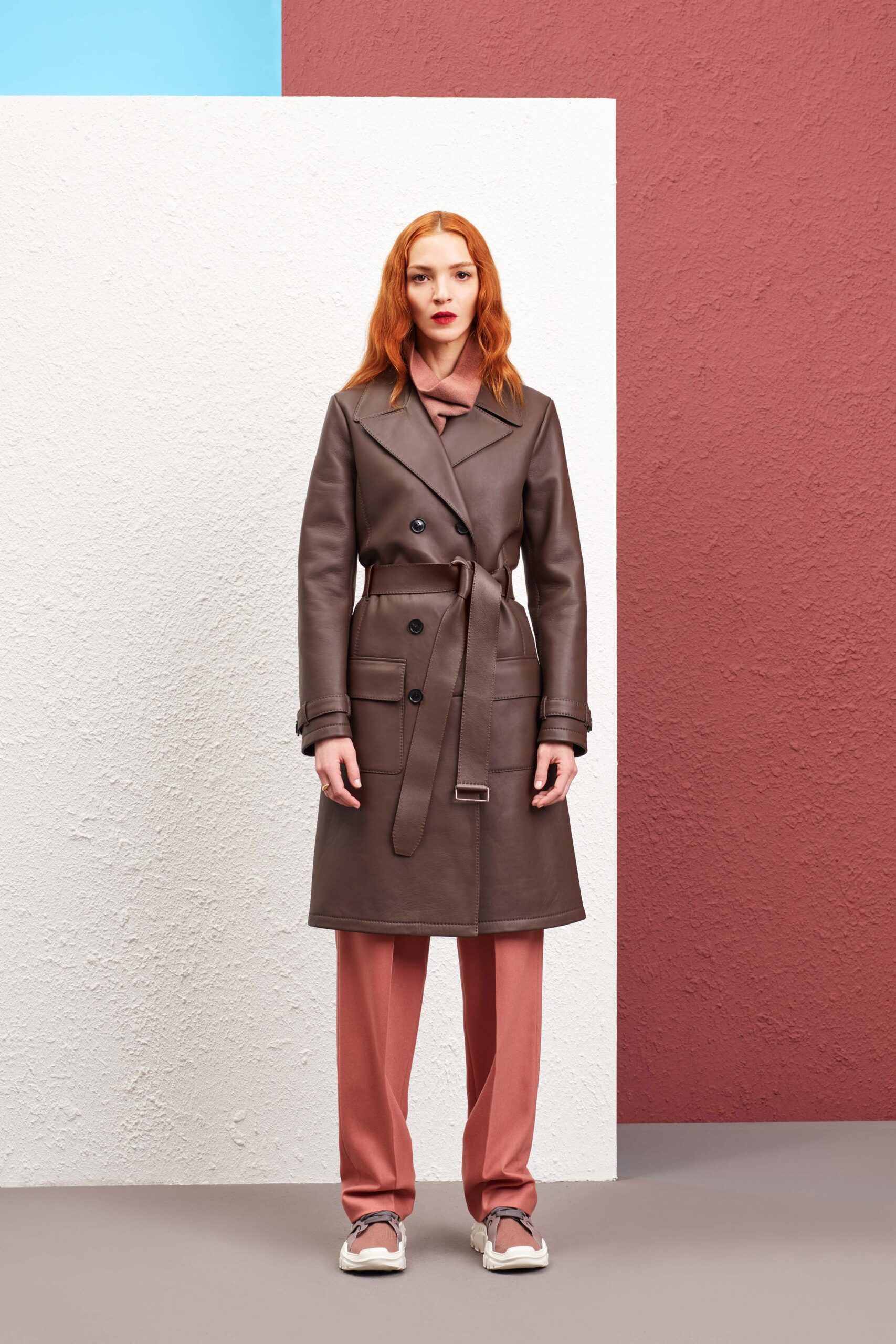 brown leather long-sleeve collared tailored belted coat
