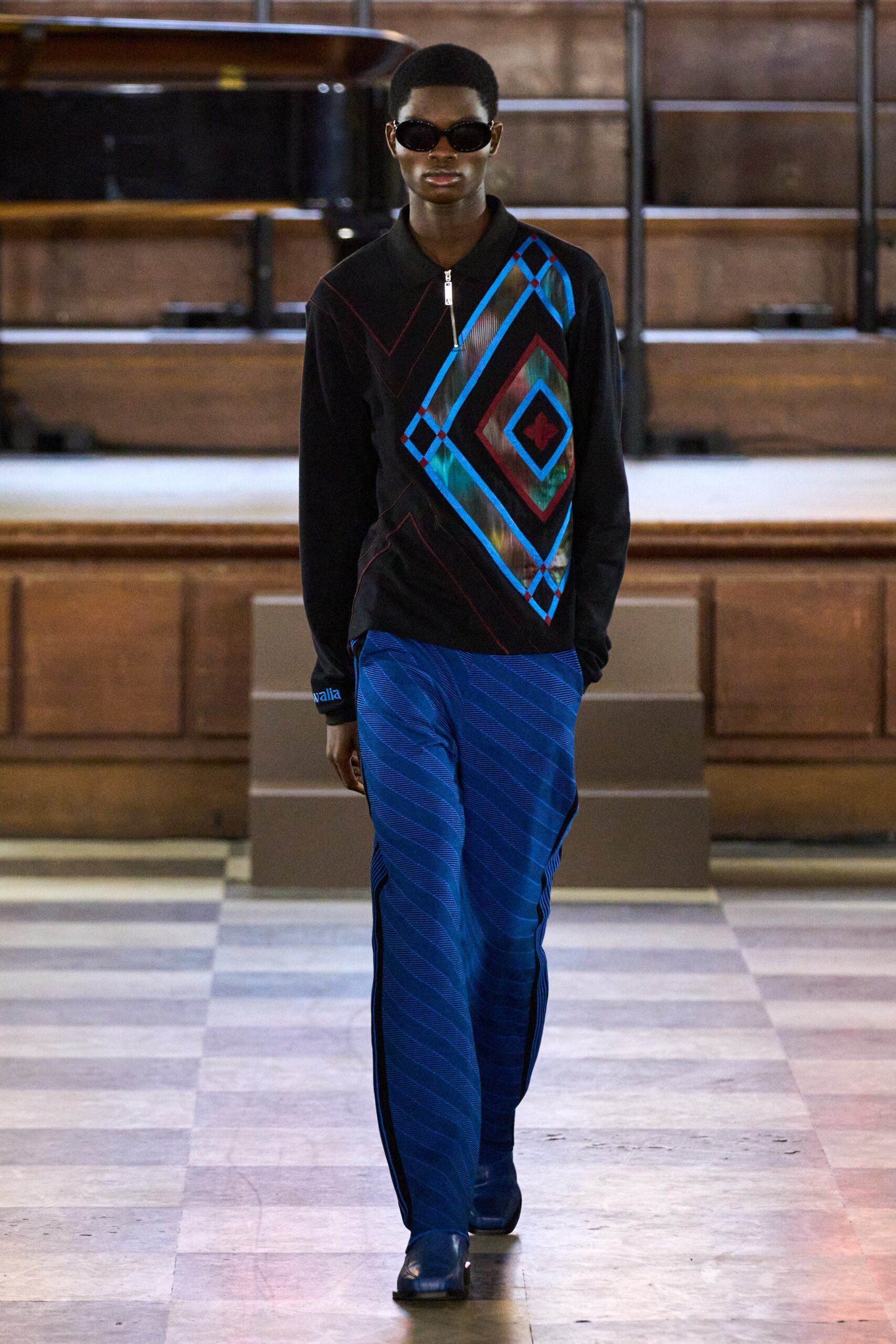 blue cotton slim straight-leg pants