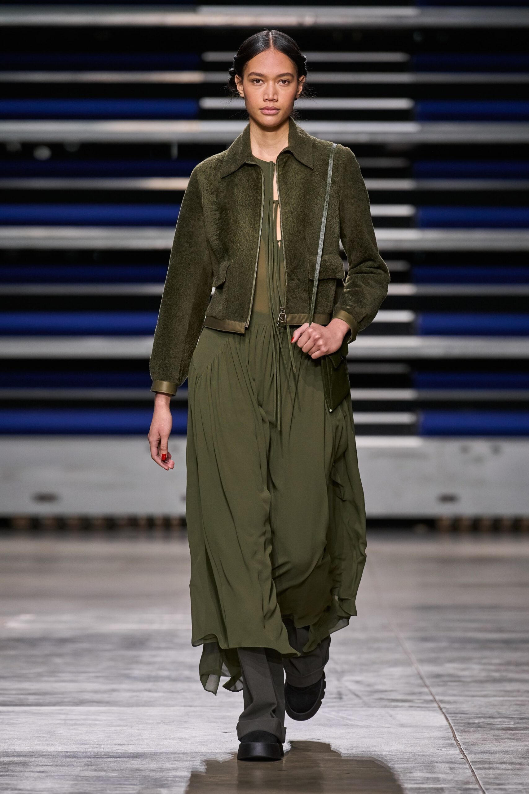 green silk midi dress with olive suede jacket