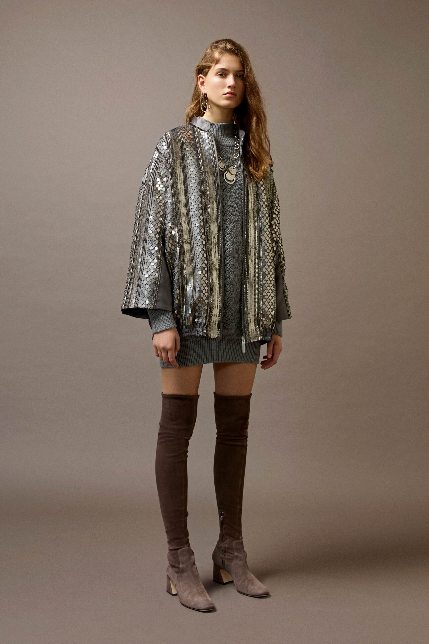 gray metallic long-sleeve oversized zippered shiny jacket