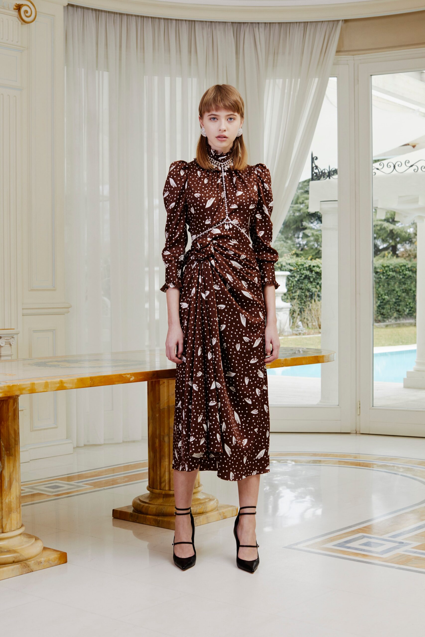 brown and white polka-dot midi dress