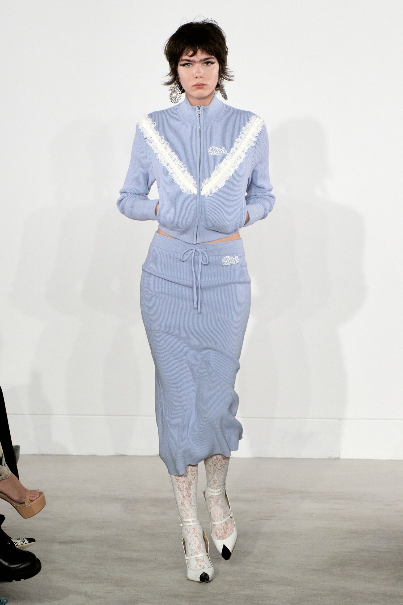 blue fitted top and midi skirt