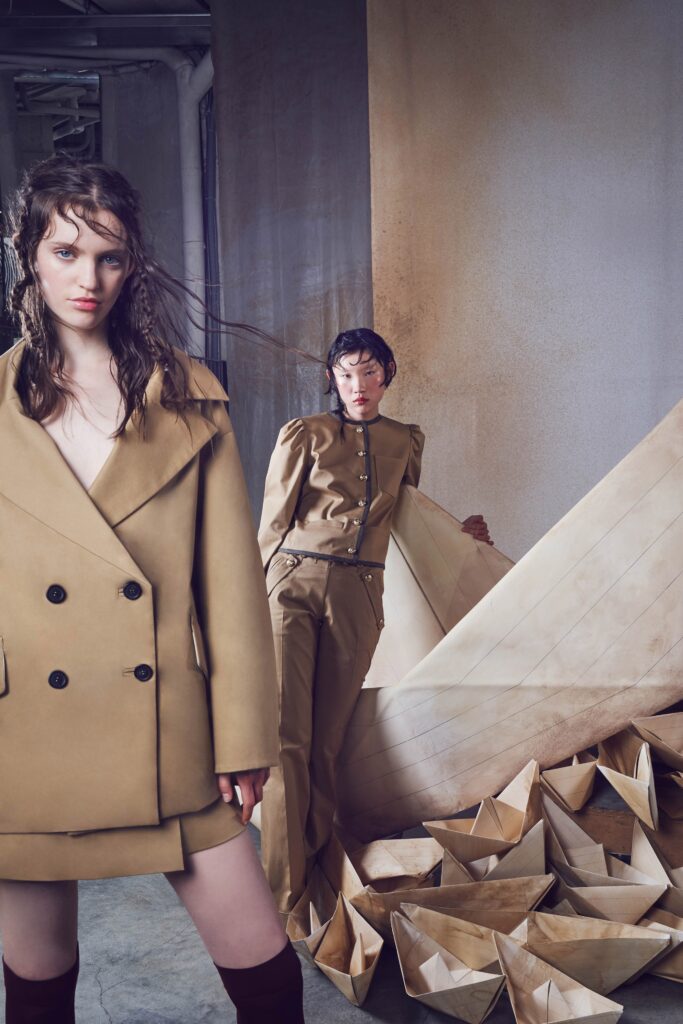 beige structured blazer and skirt